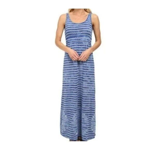 PrAna Adrienne Maxi Empire Knit Tank Dress Blue Gray Stripe & Tie Dye pattern - Picture 1 of 14